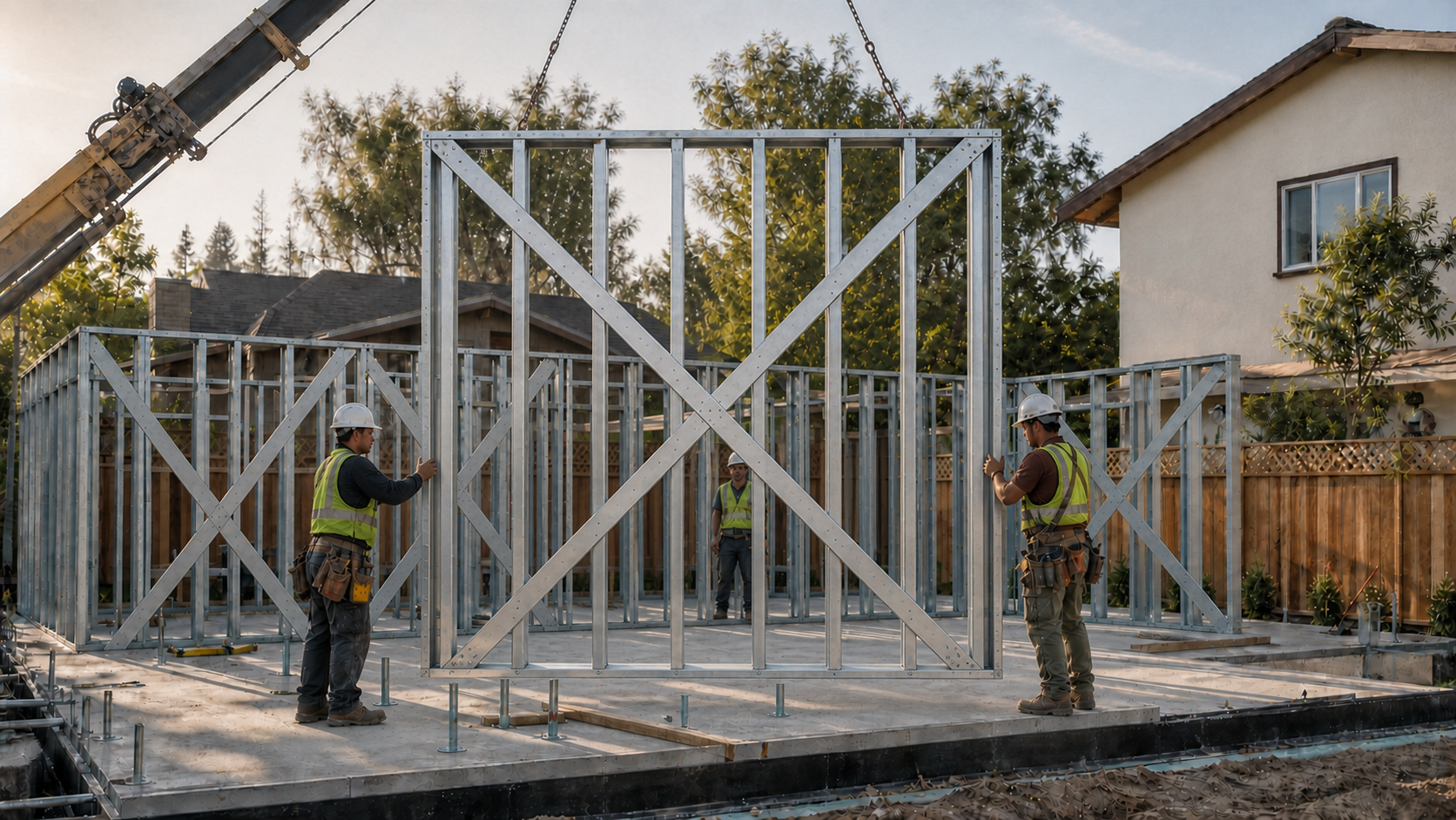 A crane and construction team installing a light-gauge steel wall panel