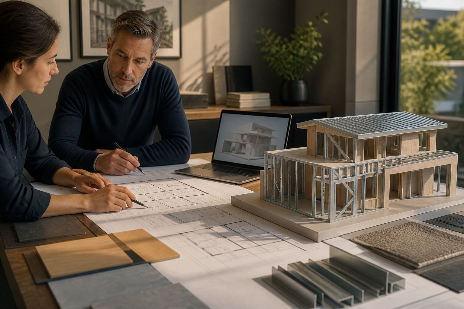 Architects developing a modern home around plans and a detailed building model