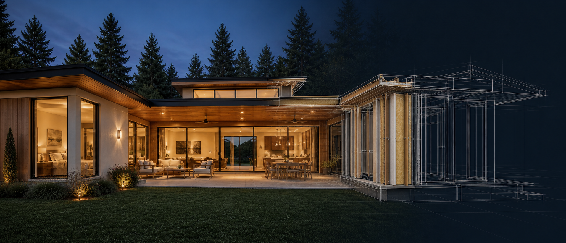 Modern Modtek home transitioning from finished architecture to its engineered panel system