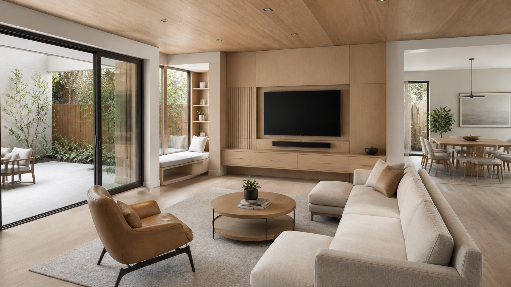 Warm modern living room opening to a landscaped courtyard